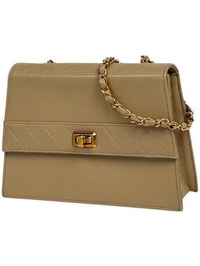 Chanel Logo Chain Shoulder Bag Quilted Leather Beige